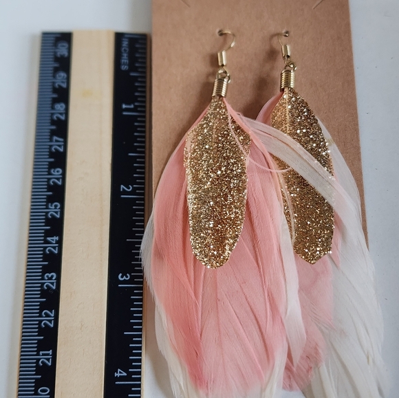 Lightweight Women's Gold and Pink Feather Stud Earrings Handmade Locally - Picture 14 of 14